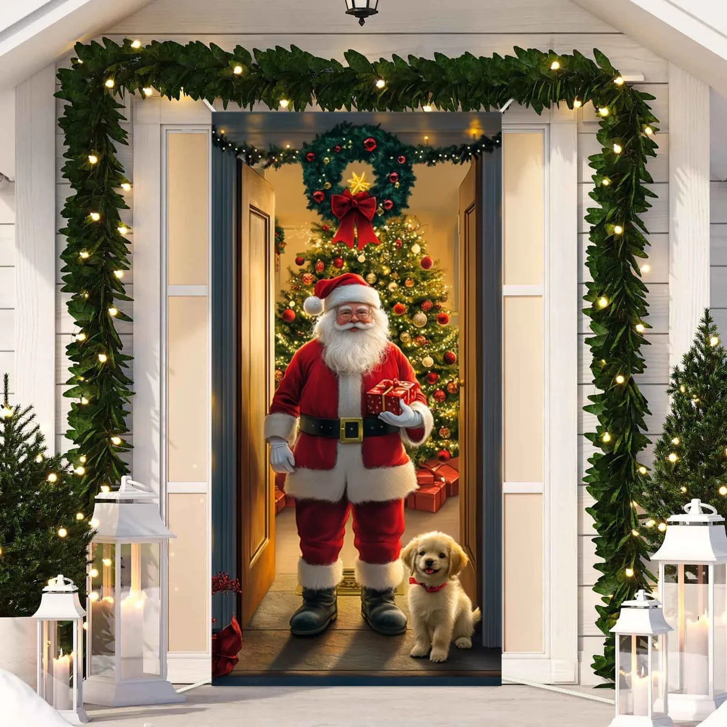 Cute Animals Christmas & New Year Door Cover – Dog, Cat, Snowman, Gingerbread Man Holiday Outdoor Winter Decoration Gift