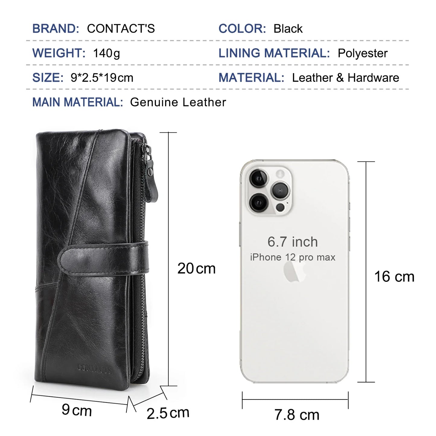 CONTACT'S Genuine Leather Men’s Long Wallet – Phone Bag with Zipper Coin Pocket, Clutch Purse & Small Wallet
