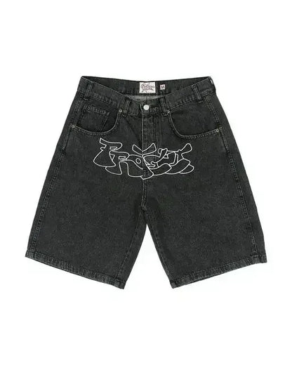 Unisex Y2K Rock Hip Hop Patchwork Denim Shorts – Retro Blue Baggy Cartoon Pattern Casual & Basketball Fitness Shorts