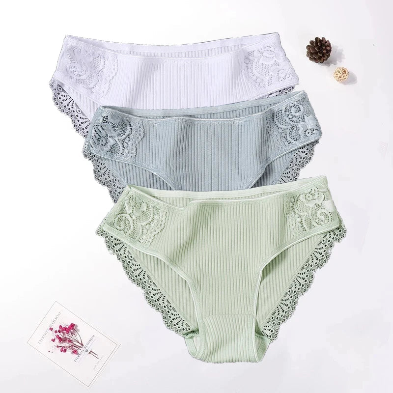 Floral Lace Cotton Women’s Panties - Comfortable Briefs, Solid Color Underwear, 3PCS/Set, Sizes M-XXL