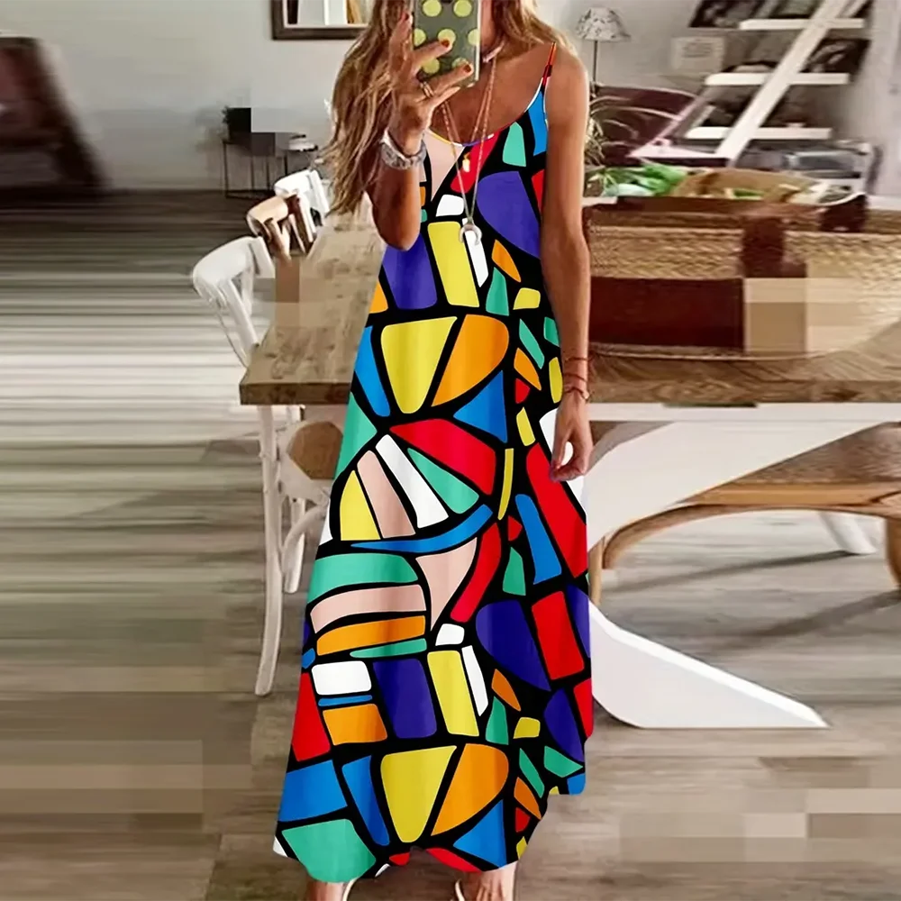 Women’s Summer 3D Butterfly Print Dress – Black & White Sleeveless Spaghetti Strap Loose Long Vest Dress, Plus Size Vintage Style