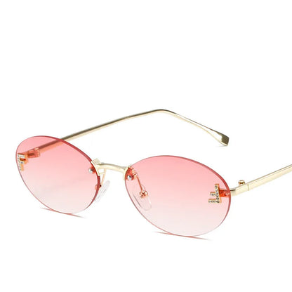 Diamond Letter "F" Rimless Sunglasses | Women’s Luxury Metal Frame Black Oval UV400 Shades
