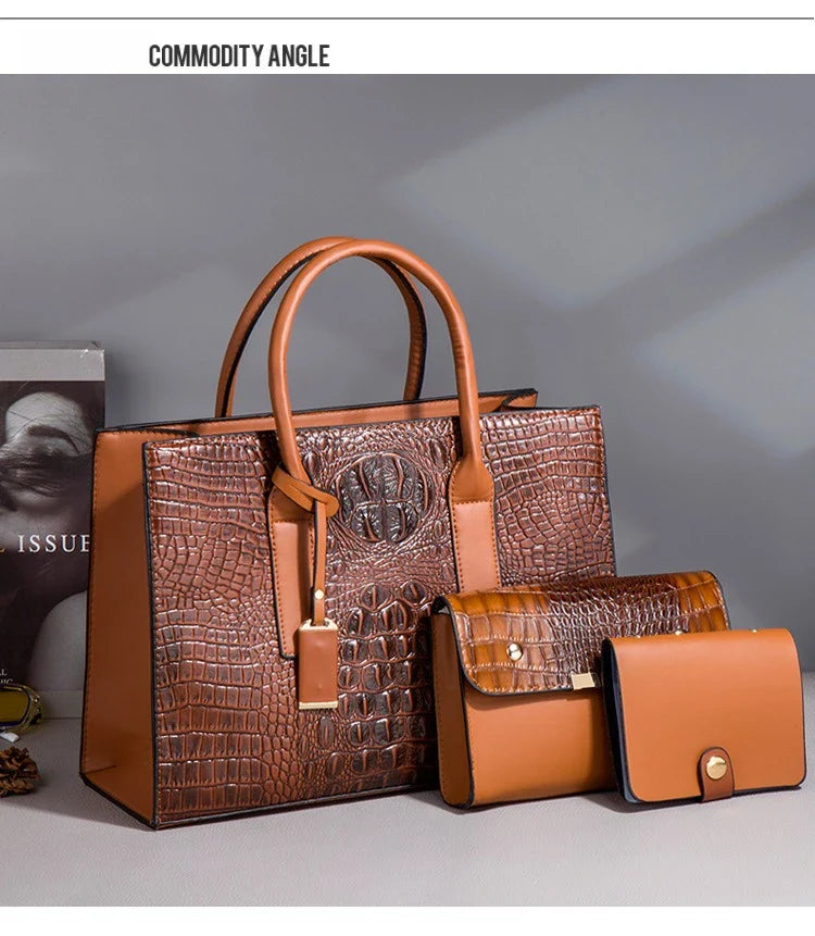New Crocodile Pattern Handbag Set for Women — 3Pcs Tote, Shoulder Bag & Clutch, Large Capacity Fashion Set