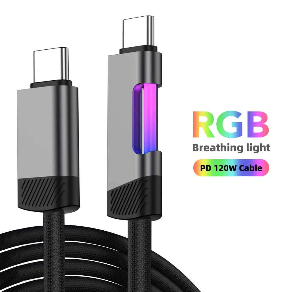 RGB Fast Charging Cable 120W 6A – USB Type-C Charge Cord with Ambient RGB Light