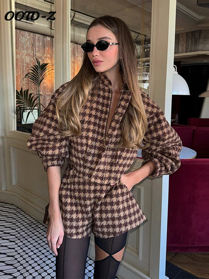 Elegant Plaid Women’s Set – Casual Full-Sleeve Zipper Jacket & High-Waist Shorts, 2025 Spring Office Outfit