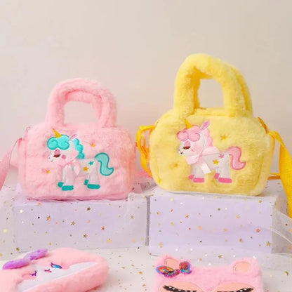 Kids' Embroidery Unicorn Plush Toy Purse – Rainbow Fluffy Crossbody Handbag for Little Girls | Cute Cartoon Furry Shoulder Bag