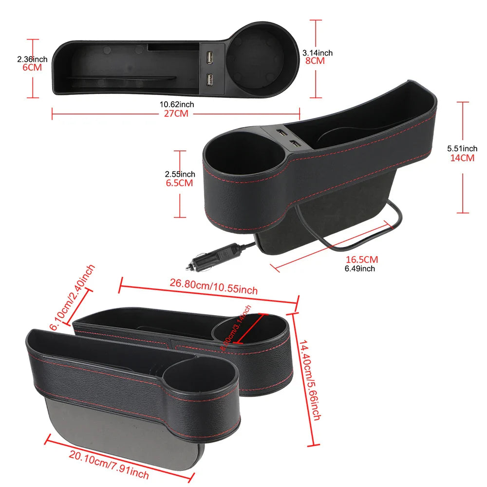 Car Seat Gap Organizer – Leather Auto Crevice Storage Box with Cup & Phone Holder, USB Option