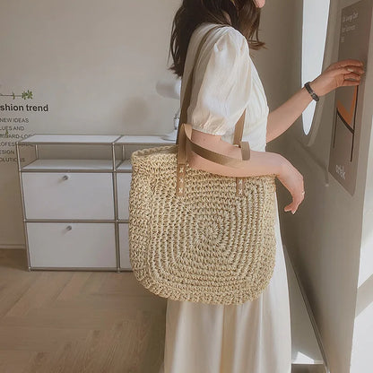 Handmade Woven Straw Beach Bag – Large Capacity Women’s Raffia Shoulder Tote for Summer Travel