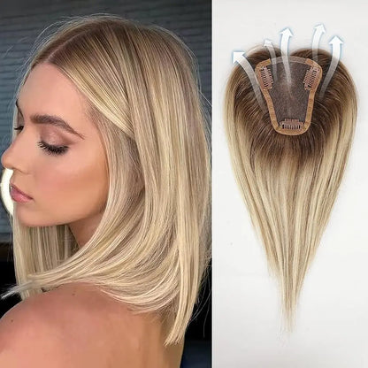 Ash Gray Brown 100% Remy Human Hair Toppers – Clips-In Lace Base Topper Hairpieces for Women, 12-inch Straight Hair Extensions