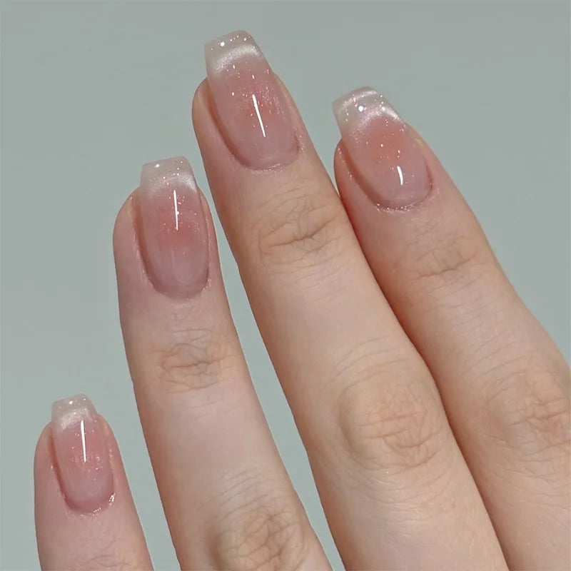 24PCS Short Press On Nails - Shimmer Ballet French Full Cover Artificial Nail Tips for Daily Manicure Style