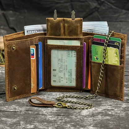 Men's Genuine Leather Short Wallet with Chain – Zipper Clutch, Trifold Purse, Card Holder & Coin Purse for Men