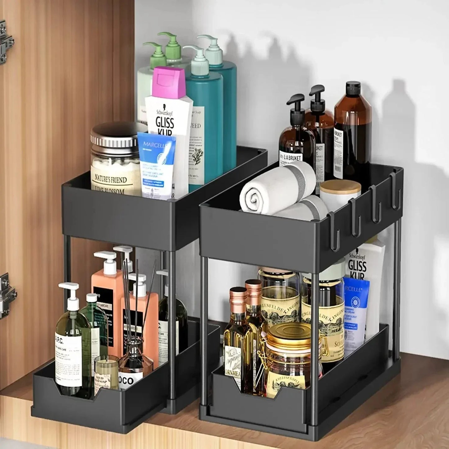 2-Tier Under Sink Sliding Cabinet Organizer — Basket Storage Rack with Hooks for Bathroom & Kitchen