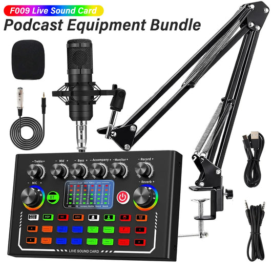 F009 Live Sound Card Mixer - Bluetooth DJ Audio Interface with Microphone Kit for Smartphone Live Streaming & Recording