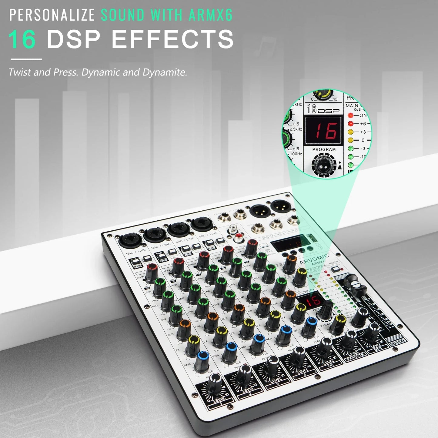 ARVOMIC 6 Channel DJ Audio Mixer – USB Interface, Bluetooth, 16 DSP Effects, 3-Band EQ (ARMX-6)