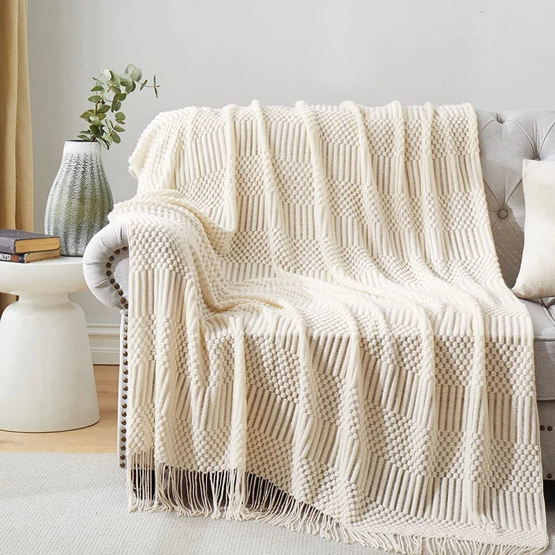 White Boho Throw Blanket – Textured Chunky Knitted Vintage Luxury Bedspread, Sofa Cover Manta Para Sofá