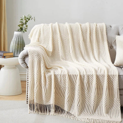 White Boho Throw Blanket – Textured Chunky Knitted Vintage Luxury Bedspread, Sofa Cover Manta Para Sofá
