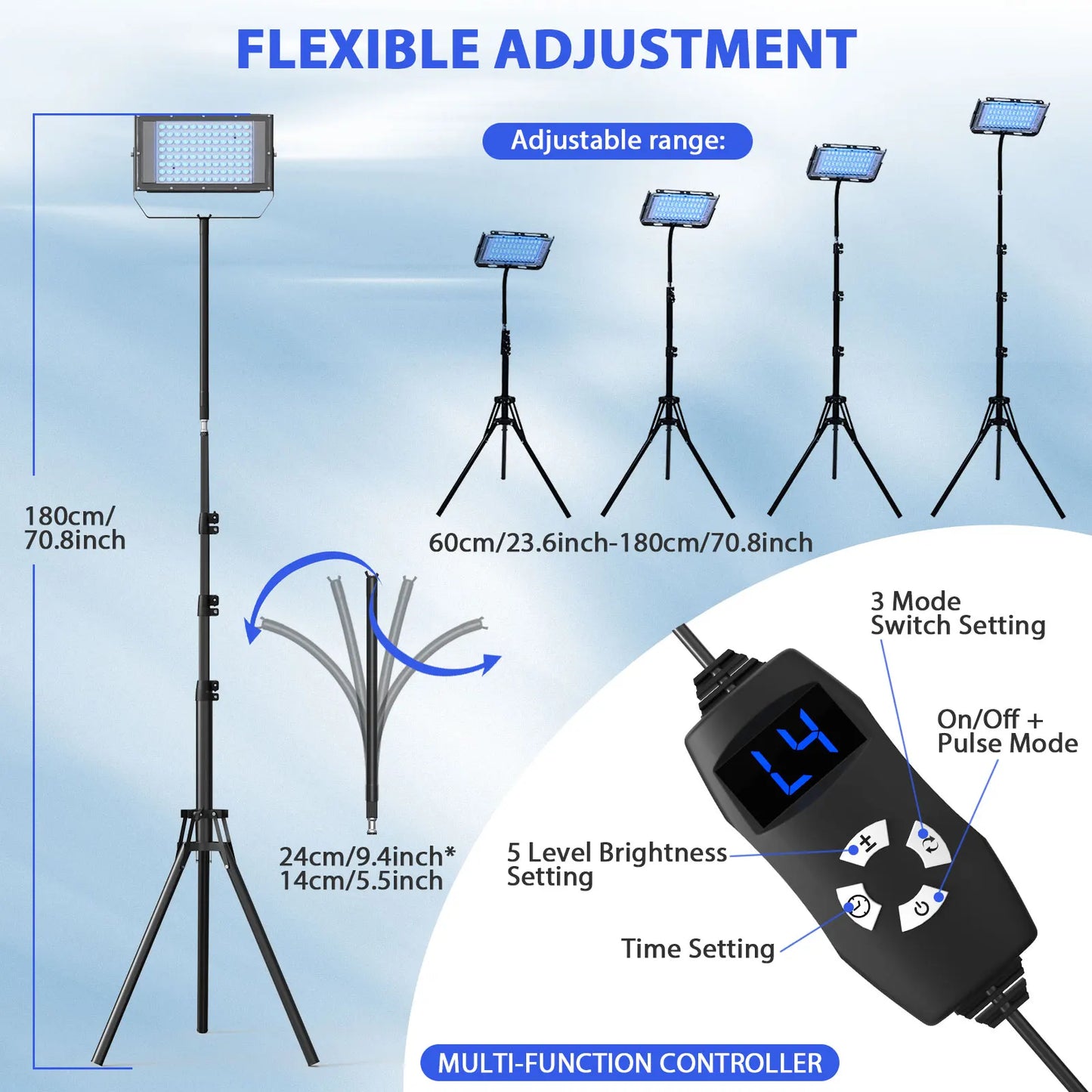 50W Ultraviolet Tanning Lamp — Tripod Solarium with 48 Blue LEDs (460nm & 480nm) for Body Tanning & Skincare