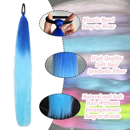 Synthetic Colorful Ponytail Extensions – Long Straight Braided Hairpieces with Rubber Band for Women