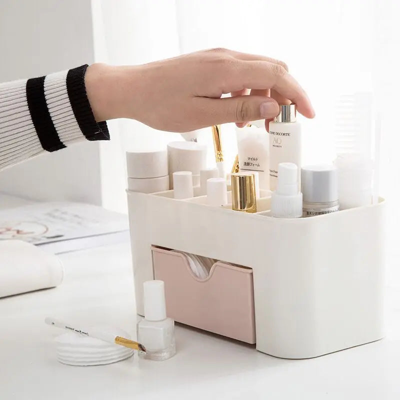 Acrylic Makeup Organizer Box - Cosmetic Storage Drawer with Lipstick, Brush & Cotton Swab Holder