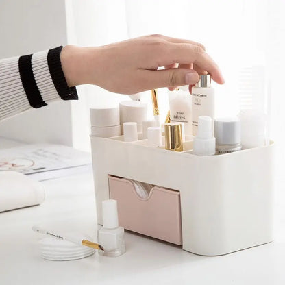 Acrylic Makeup Organizer Box - Cosmetic Storage Drawer with Lipstick, Brush & Cotton Swab Holder