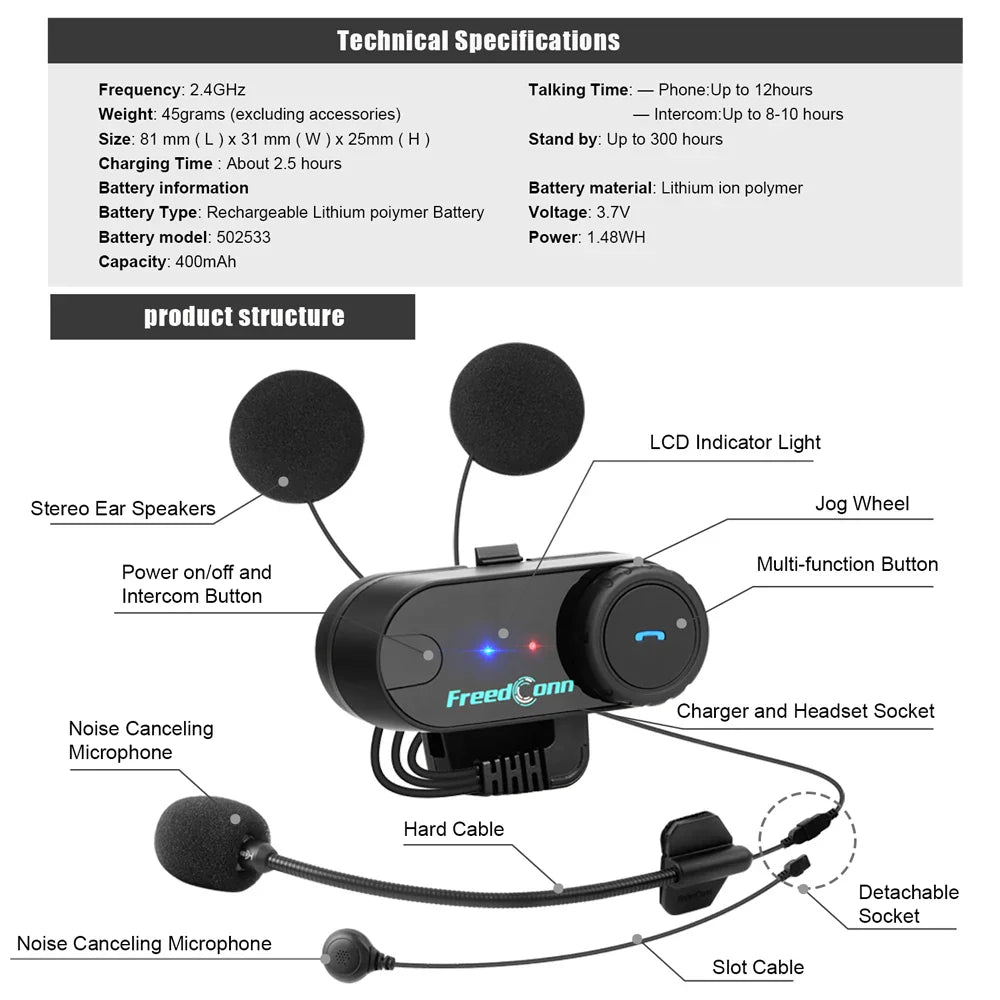 Freedconn T Com VB Motorcycle Helmet Bluetooth Headset — Wireless Stereo Intercom with Call, FM Music & Communication Sharing