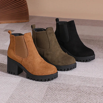Women’s 2024 Designer Platform Ankle Boots – Elegant Round Toe Zipper Short Boots for Autumn Winter