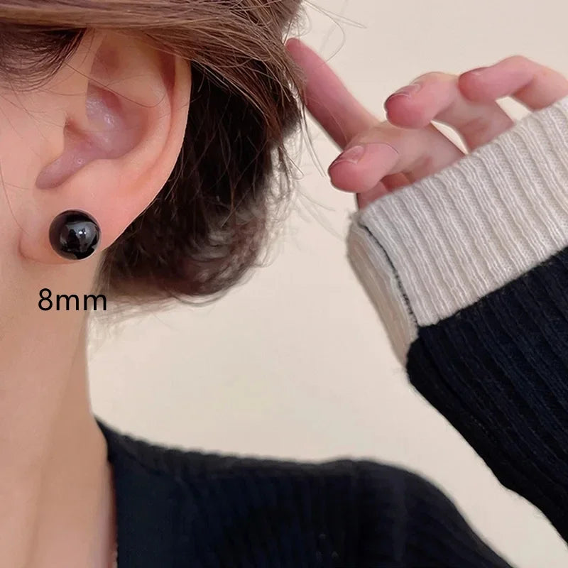 Black Round Imitation Pearl Stud Earrings Set – 3 Pairs (4mm 6mm 8mm) Simple Elegant Ball Earrings for Women Fashion Jewelry Gift