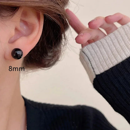 Black Round Imitation Pearl Stud Earrings Set – 3 Pairs (4mm 6mm 8mm) Simple Elegant Ball Earrings for Women Fashion Jewelry Gift