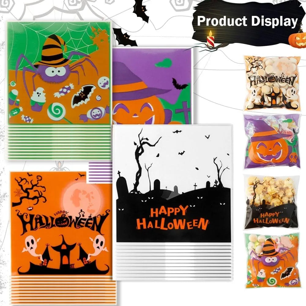 Halloween Candy Bags - Clear Self-Adhesive Treat Bags for Party Favors, Cookies & Gifts