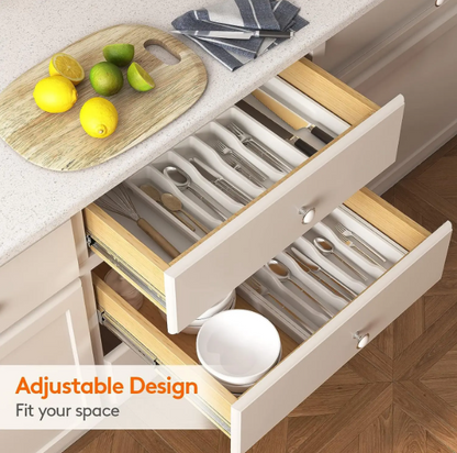 Adjustable Flatware Organizer Tray with Dividers Plastic Utensil Holder for Spoons Forks Knives Storage
