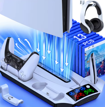 PS5/PS5 Slim/PS5 Pro Cooling Station with Controller Charging Stand - Includes Cooling Fan, 3 USB Hubs, Headset Holder and Screw for Disc/Digital Console - PlayStation 5 Accessories, Christmas Gift