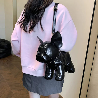Unisex Bulldog-Shaped PU Leather Shoulder Bag – Adjustable Strap Zipper Satchel for Shopping & Travel