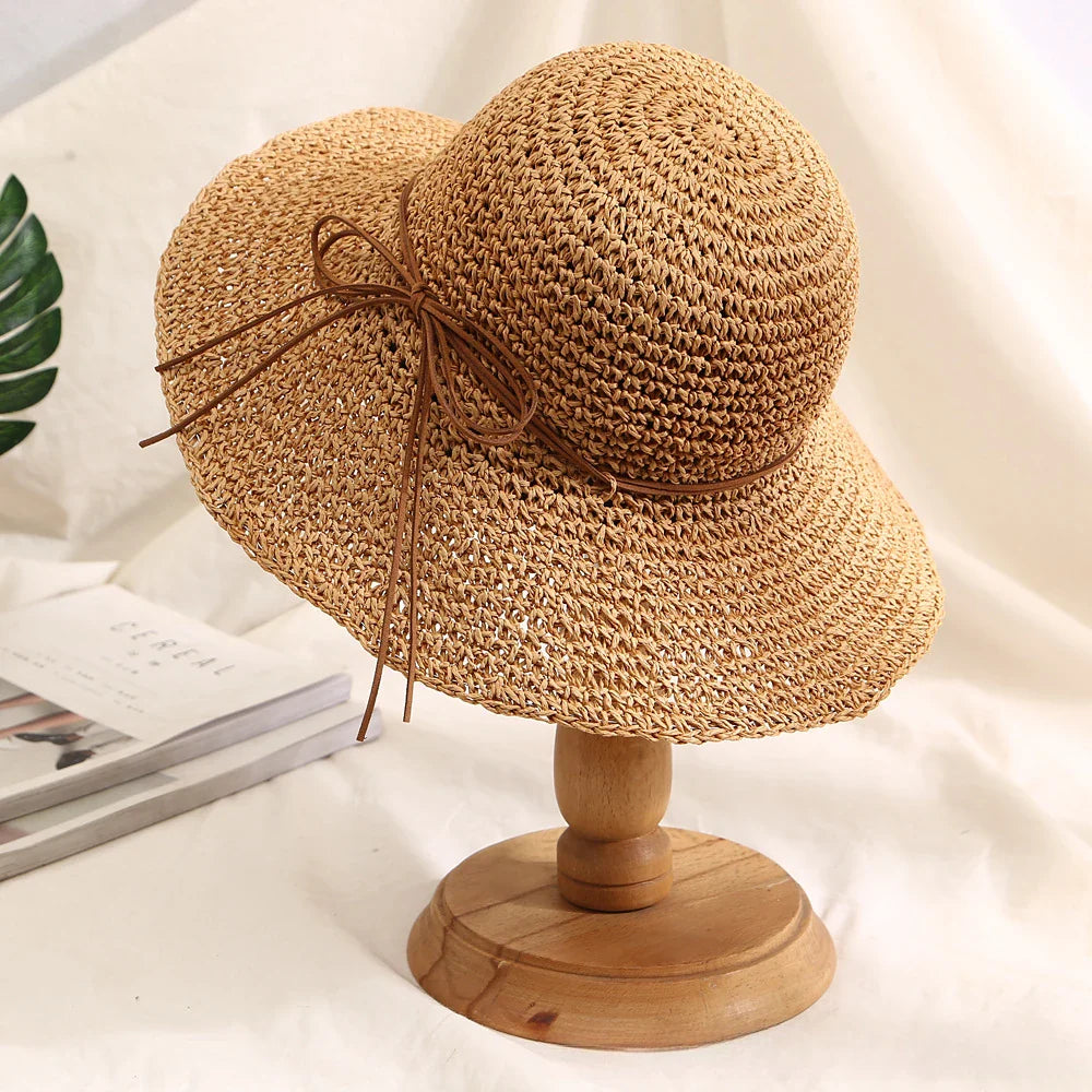 Women’s Holiday Beach Sun Hat – Large Brim Woven Straw Fisherman Hat with Bow, Seaside Sun Protection Panama Chapeau Korean Style