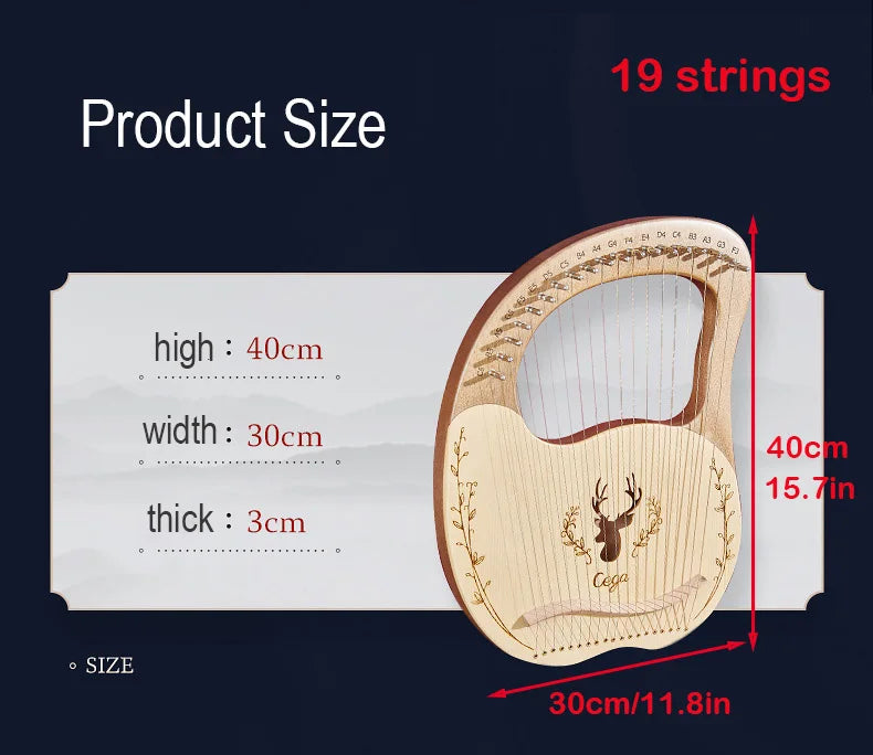 Lyre Harp 19-String – Mahogany Wood Stringed Musical Instrument with Tuning Wrench & Spare Strings