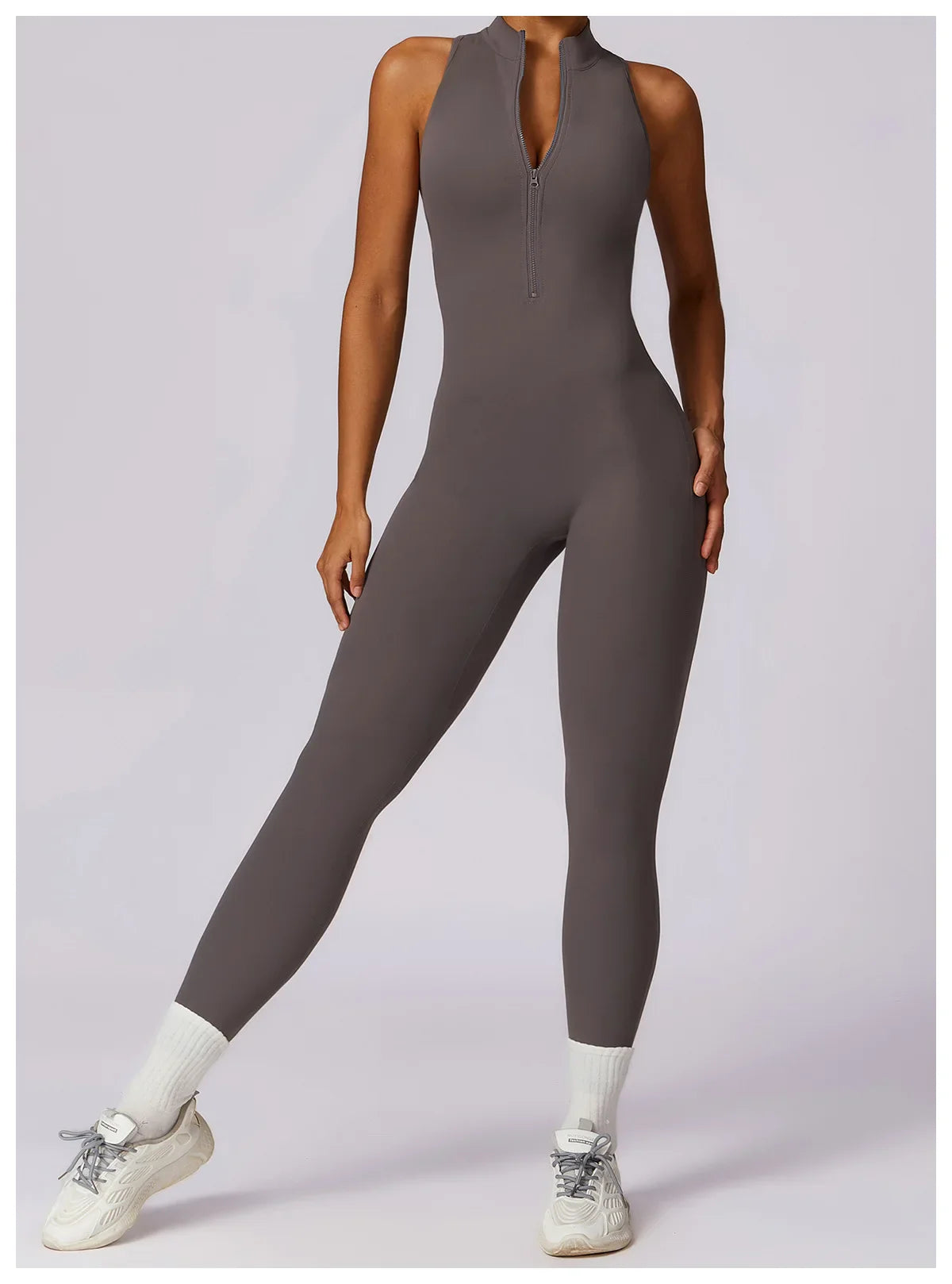 Women’s V-Back One-Piece Sports Jumpsuit — Sleeveless Yoga Romper with Zipper Workout Bodysuit