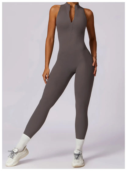 Women’s V-Back One-Piece Sports Jumpsuit — Sleeveless Yoga Romper with Zipper Workout Bodysuit