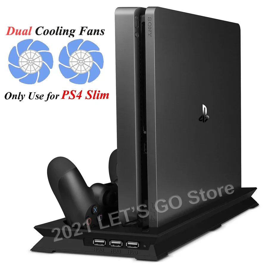 PS4 Slim Vertical Stand — Cooling Fan & Controller Charging Dock Station