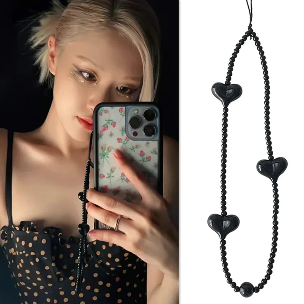 Black Heart Phone Charm Strap – Acrylic Beaded Y2K Cell Phone Lanyard Wristlet Chain Jewelry Accessory