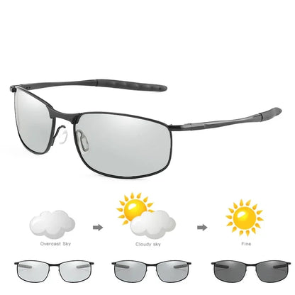 Photochromic Men’s Polarized Sunglasses – Metal Square Frame, UV400 Protection for Driving, Sports & Cycling