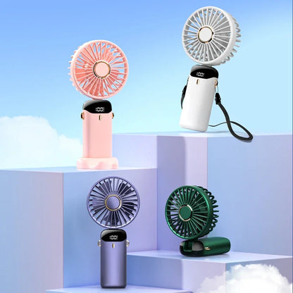 Handheld Mini Fan – 3000mAh Foldable Portable Desk & Neck Hanging Fan with 5 Speeds, USB Rechargeable & Phone Stand Display