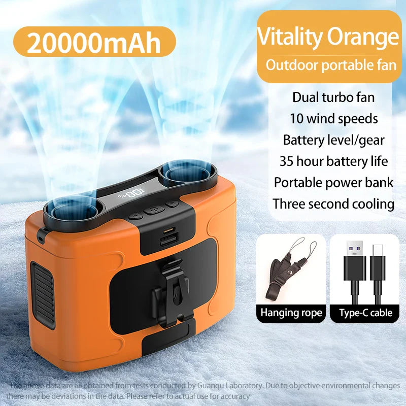 Portable Waist & Neck Hanging Fan – 5-Speed Strong Wind Cooling Fan with LED Light | 10000/20000mAh Rechargeable Battery, Outdoor Sports & Work Wearable Fan