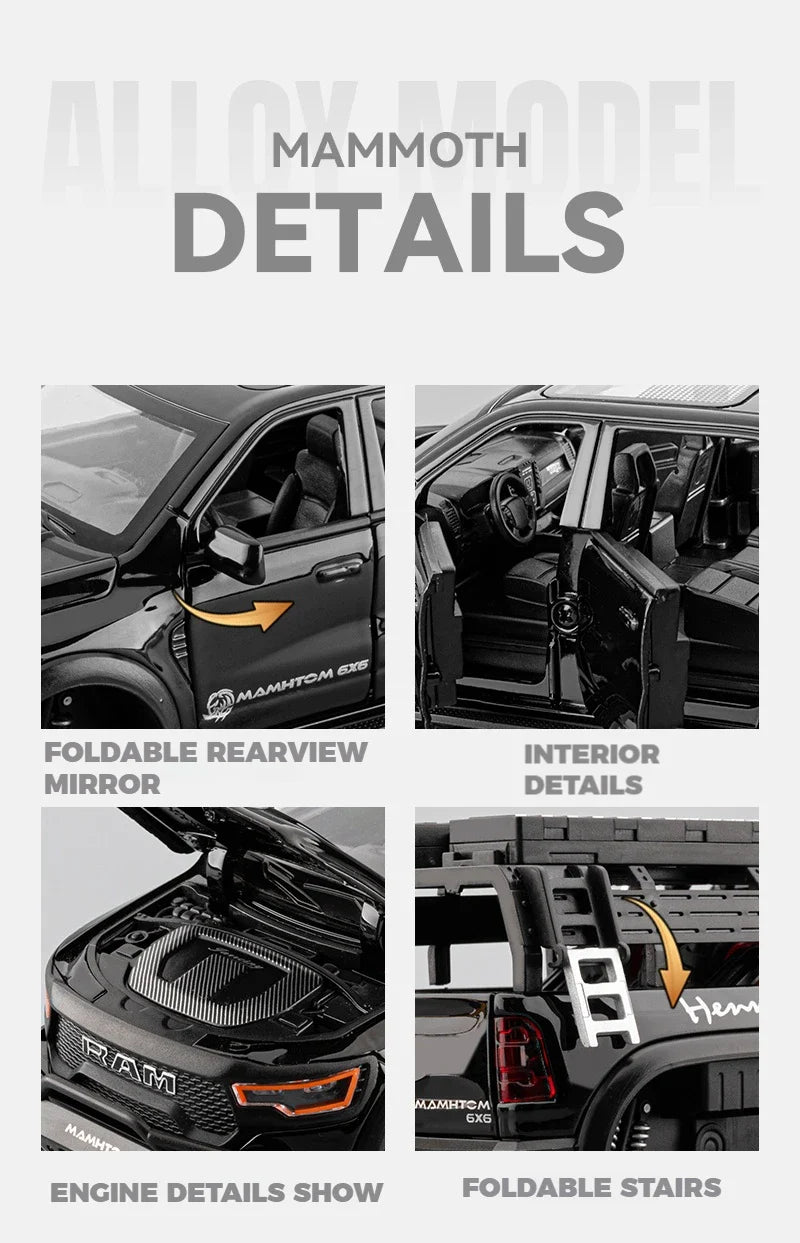 1:24 Dodge Mammoth RAM 1000 TRX 6x6 Diecast Model – Metal Alloy Pickup Toy Car with Lights for Kids & Collectors