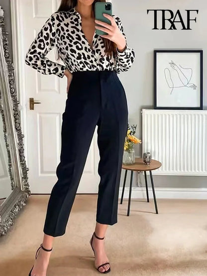 TRAF Women's Fashion Pants with Pockets: Casual Solid Ankle Trousers, Vintage High Waist Zipper Fly - Pantalones Mujer