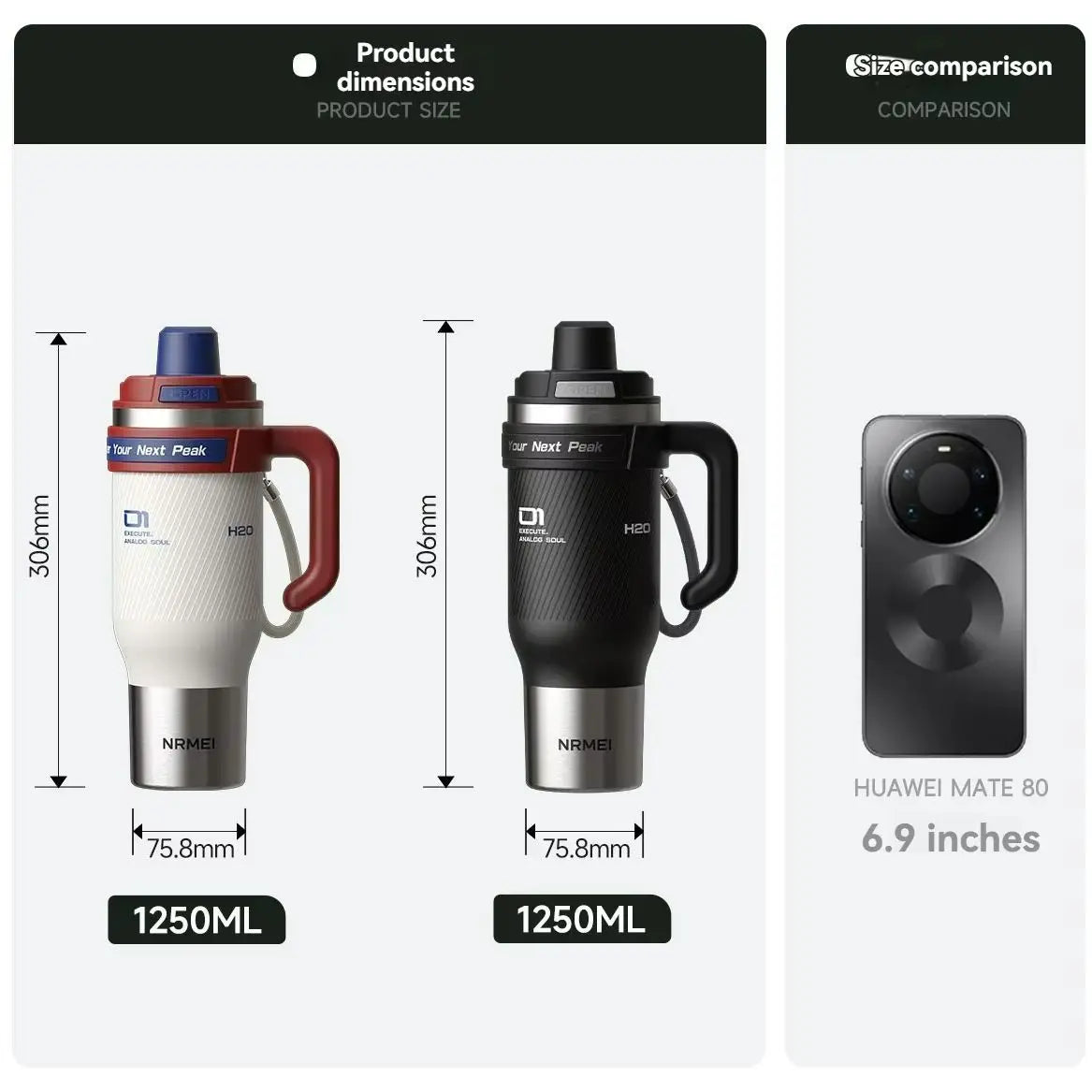 1250ml Stainless Steel Ceramic Tumbler - Large Insulated Water Bottle with Straw for Cold Drinks & Travel