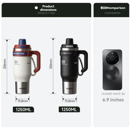 1250ml Stainless Steel Ceramic Tumbler - Large Insulated Water Bottle with Straw for Cold Drinks & Travel