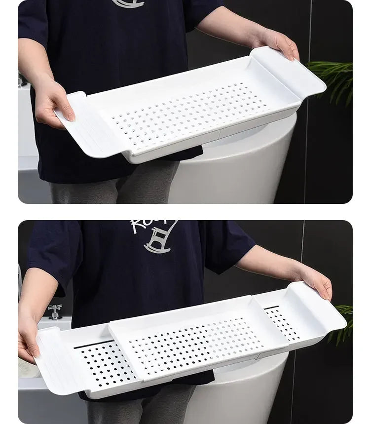 Extendable Bamboo Bathtub Shelf – Bathroom Tray & Shower Caddy for Towel, Book & Storage Organizer