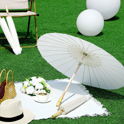 60/84cm White Wedding Paper Umbrellas – Chinese Wooden Handle, DIY Rustic Photography Props for Baby Shower, Party & Wedding