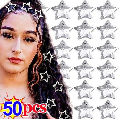 2/50PCS Y2K Silver Star Hair Clips – Filigree Metal Snap Hairpins for Girls, Nickel-Free Hair Jewelry Barrettes