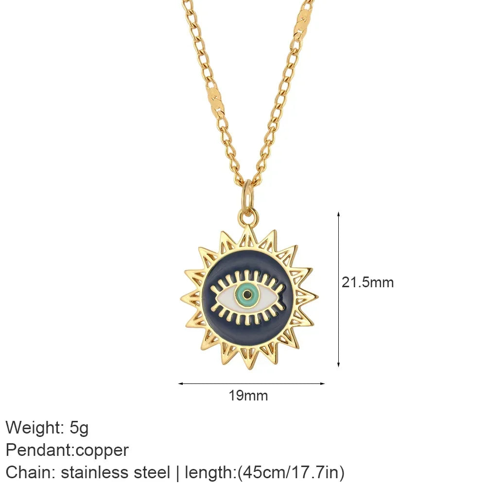 Heart Evil Blue Eye Sun Necklace – Cute Dog, Bee & Elephant Gold Pendant with Long Stainless Steel Chain for Women