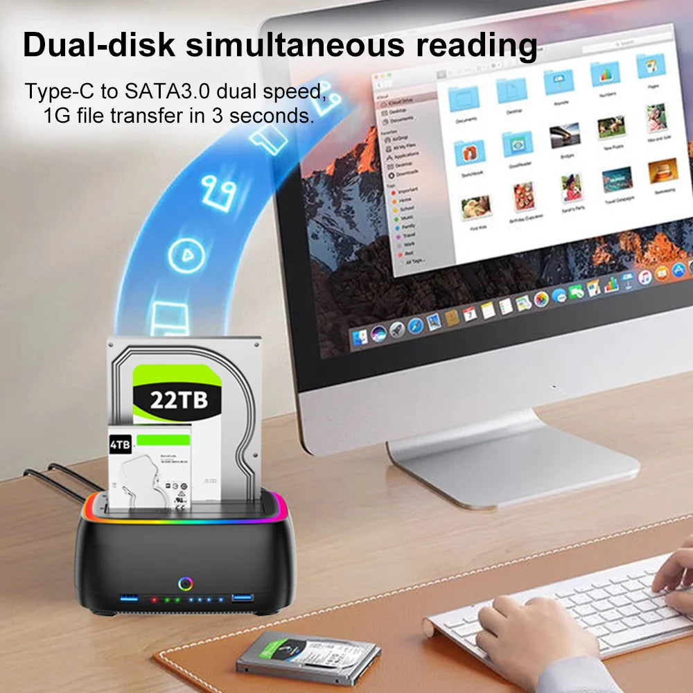 7-in-1 Dual Bay Hard Drive Docking Station USB 3.0 – 5Gbps SATA HDD/SSD Clone Enclosure for 2.5" & 3.5" Drives, TF/SD Card Reader